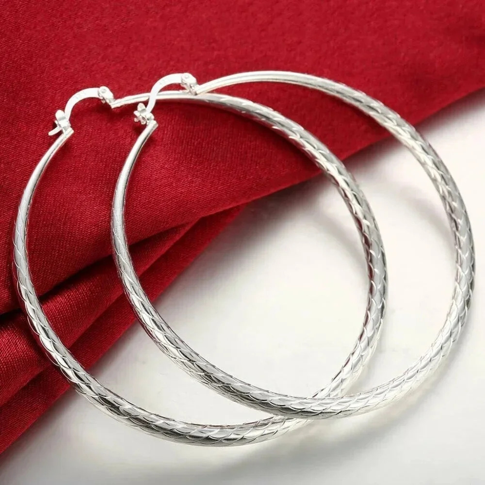NEW 925 Sterling Silver Textured Big Hoop Earrings